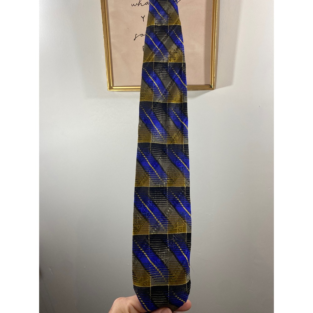Jhane Barnes Mens Silk Necktie Blue Gold Grey Geometric Plaid Made in Japan